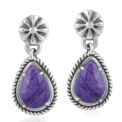 EXCLUSIVELY OURS! Sterling Silver Charoite Pear-Cut Dangle Earrings