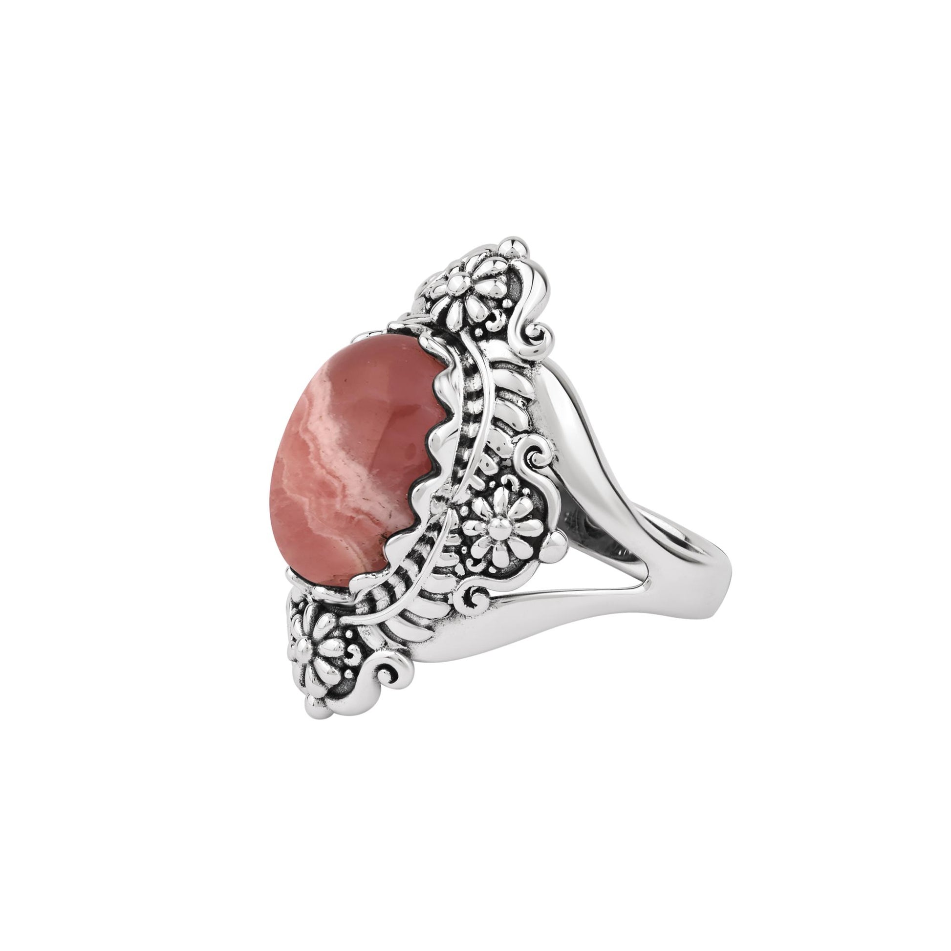 Sterling Silver Rhodochrosite Oval Scalloped Concha Ring