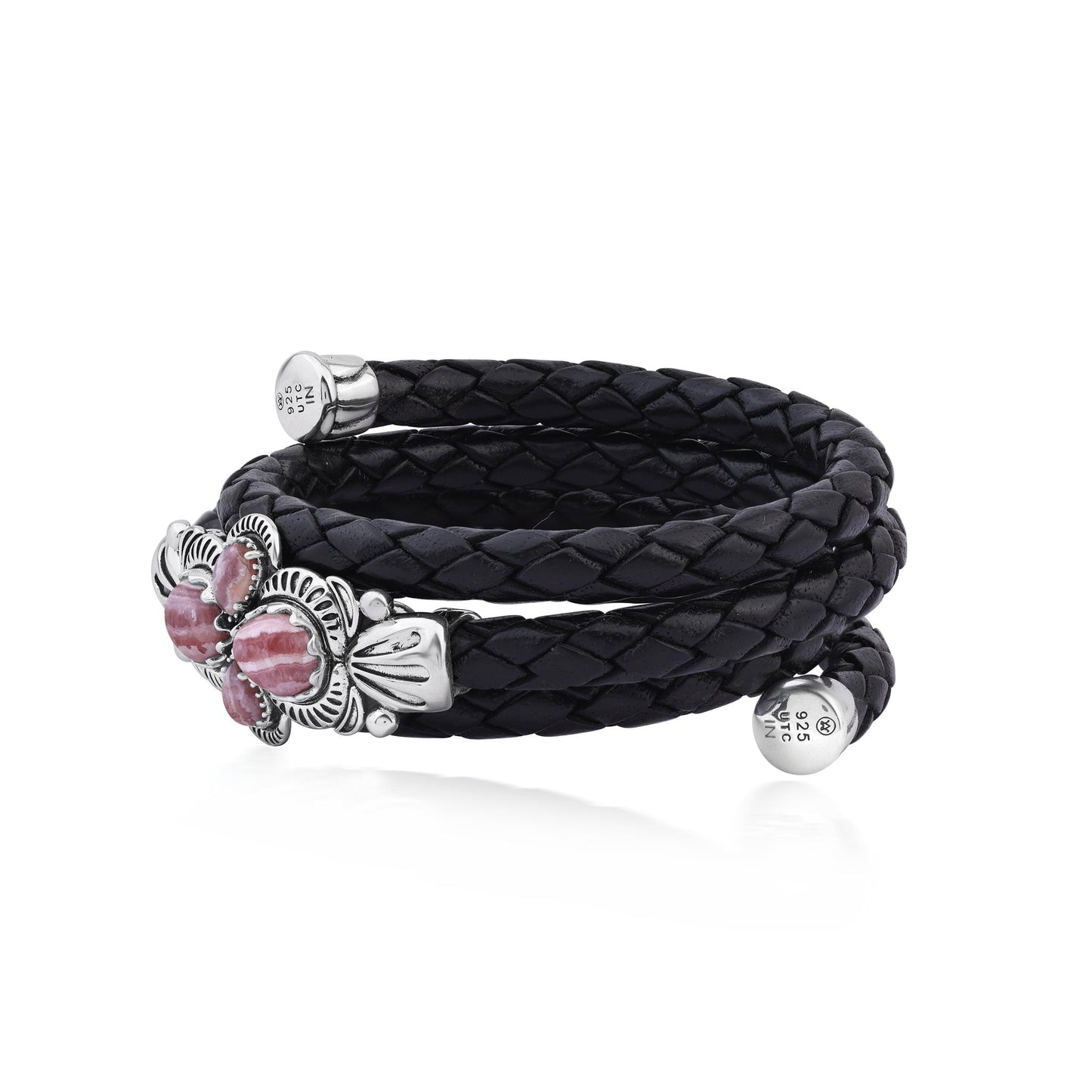  Sterling Silver Rhodochrosite Pear Cluster Black Leather Wrap Bracelet 