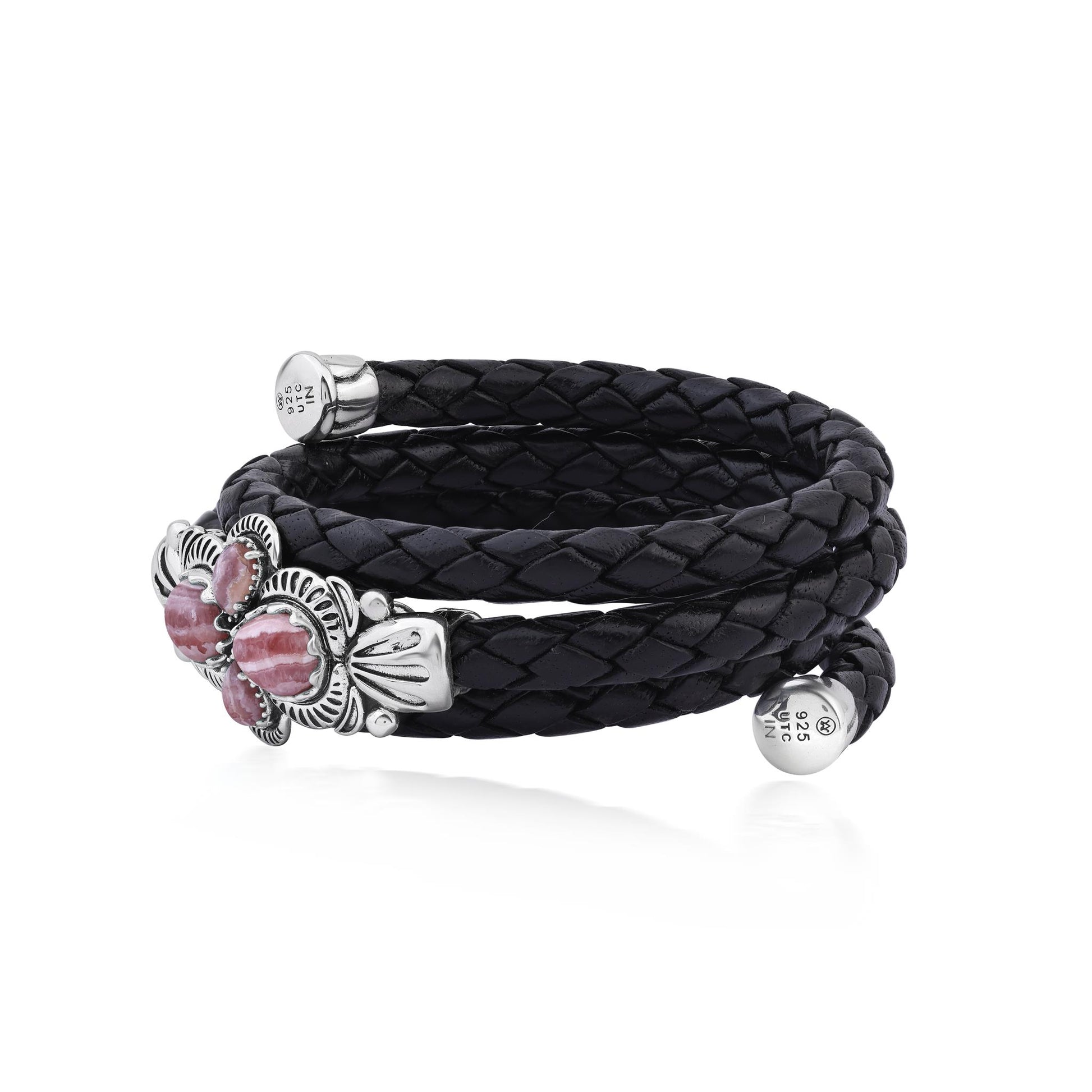  Sterling Silver Rhodochrosite Pear Cluster Black Leather Wrap Bracelet 