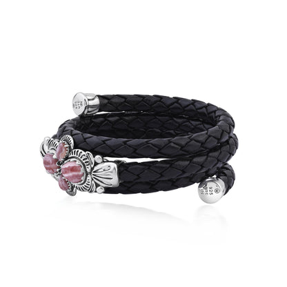 Sterling Silver Rhodochrosite Pear Cluster Black Leather Wrap Bracelet 