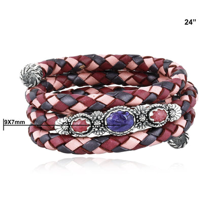 Sterling Silver Charoite and Rhodonite Pink Tonal Braided Leather Wrap Bracelet