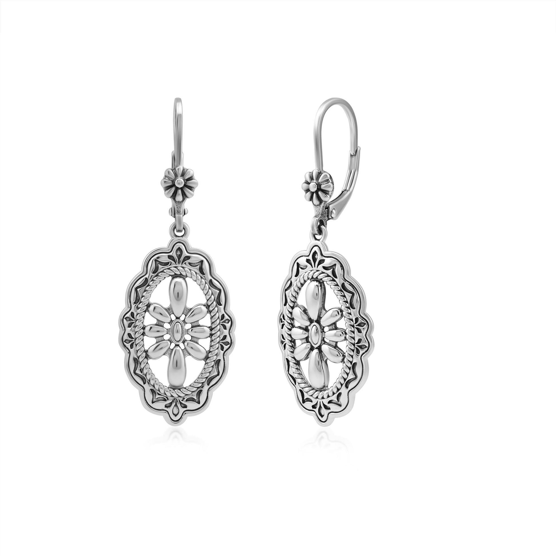 Sterling Silver Oval and Concha Lever Back Earrings