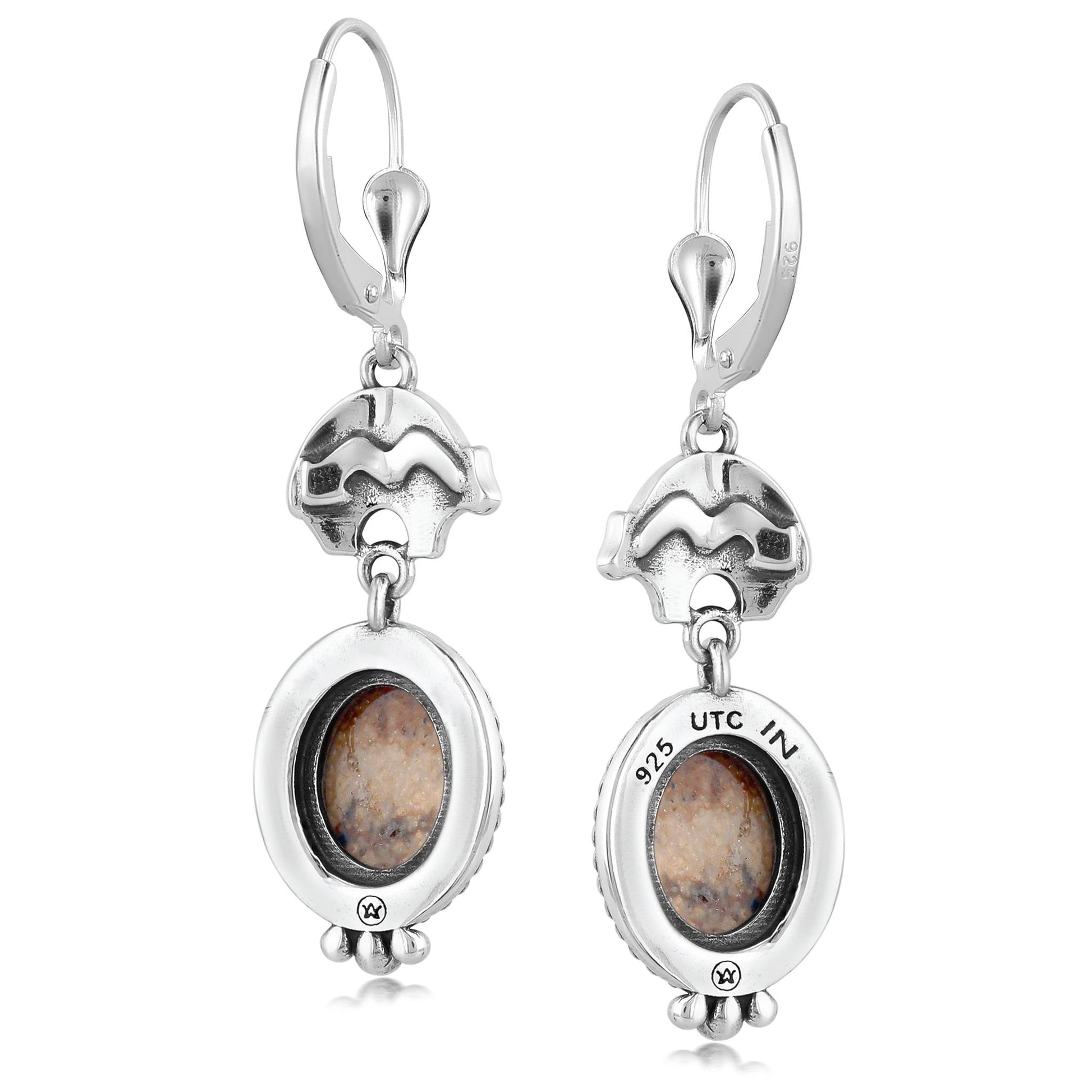 Sterling Silver Picture Jasper Bear Design Drop and Dangle Earrings