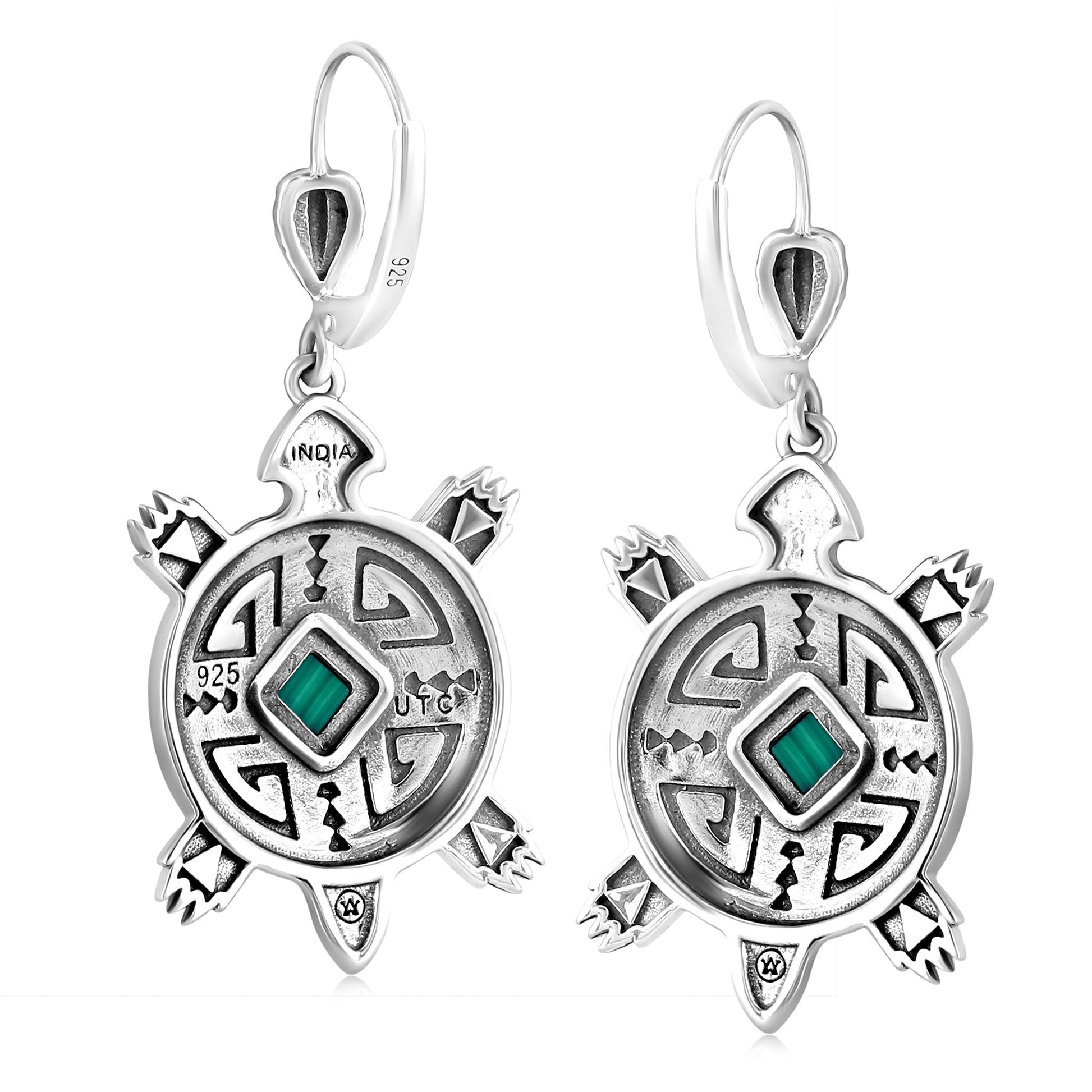 EXCLUSIVELY OURS! Sterling Silver Malachite Turtle Dangle Earrings
