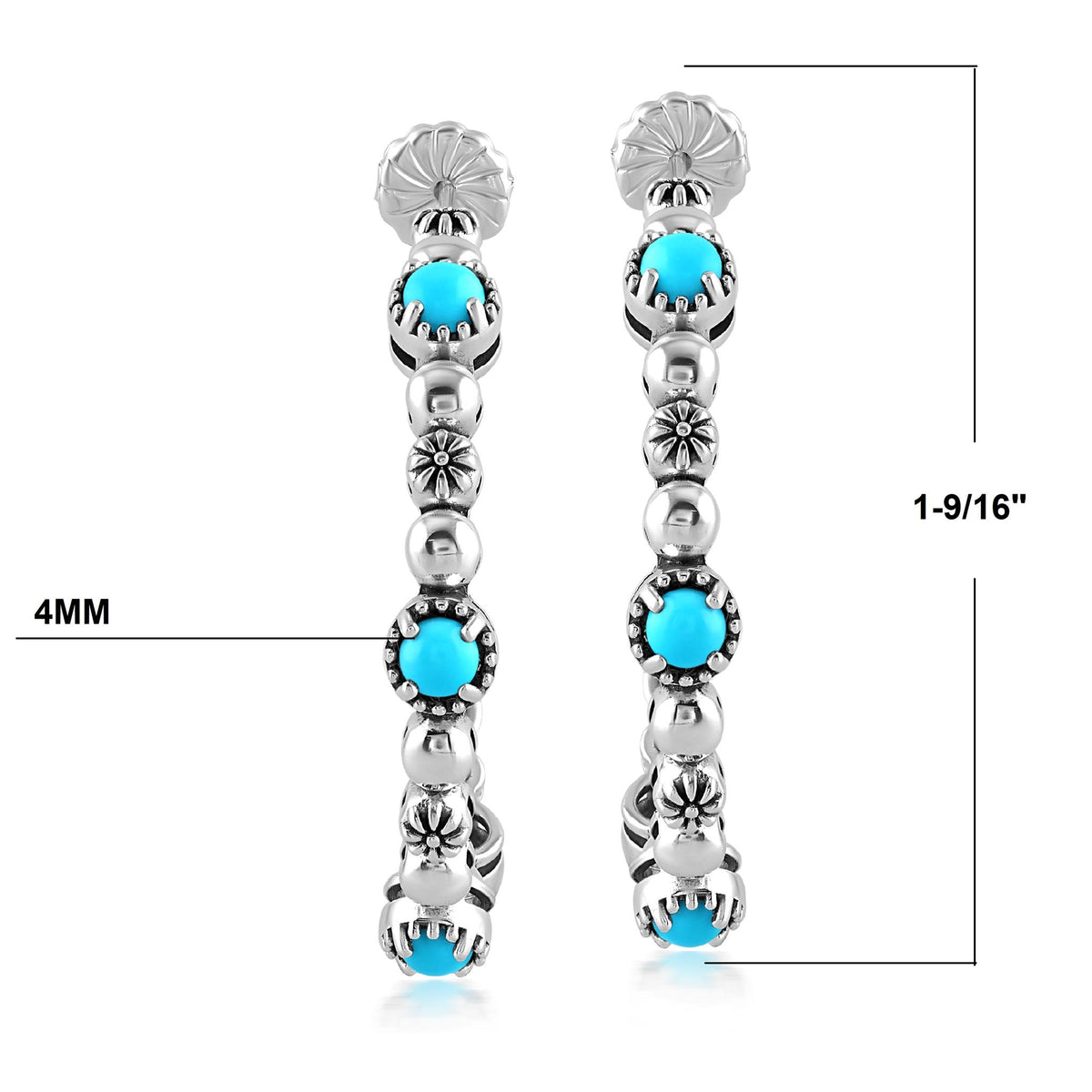 Sterling Silver Sleeping Beauty Turquoise Concha Crescent 1.5 Inch Hoop Earrings