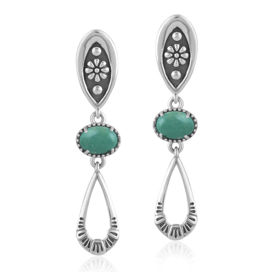 Sterling Silver Green Turqoise Teardrop Double Loop Gemstone Earrings 