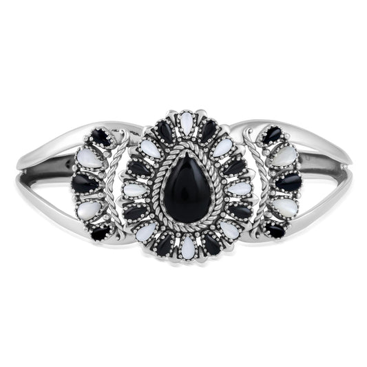 LIMITED EDITION! Sterling Silver Black Onyx and White Mother of Pearl Pear Cluster Cuff Bracelet