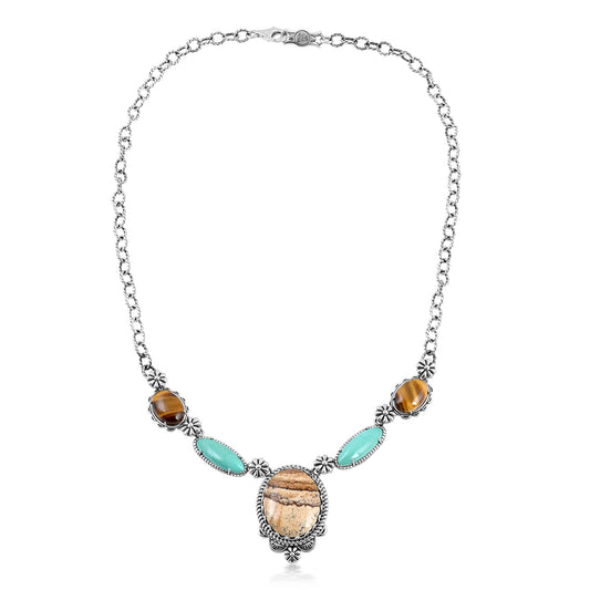 Sterling Silver Picture Jasper, Green Turquoise and Tiger's Eye Concha Station Necklace