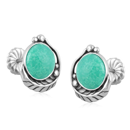 EXCLUSIVELY OURS! Sterling Silver Green Turquoise Leaf Design Button Earrings