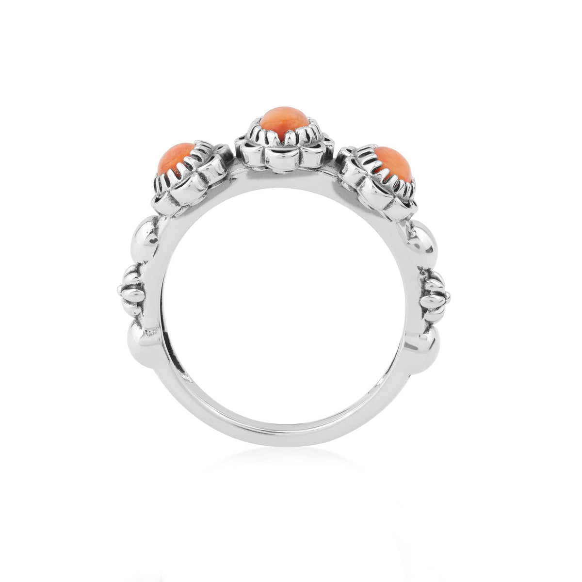 Sterling Silver Orange Spiny Oyster Concha 3 Stone Ring, Sizes 5 to 11