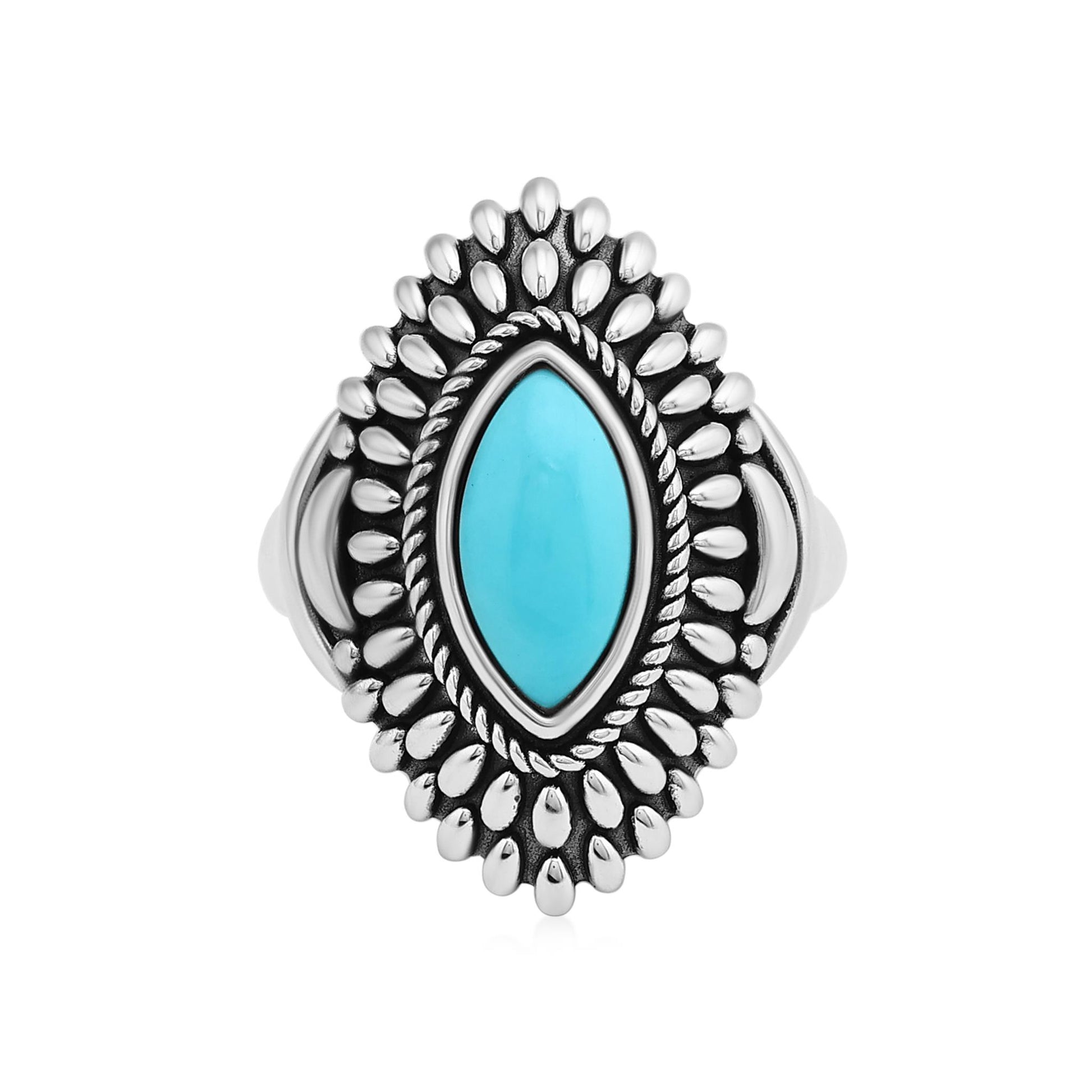 Sterling Silver Sleeping Beauty Turquoise Marquise Cut Rope and Bead Ring