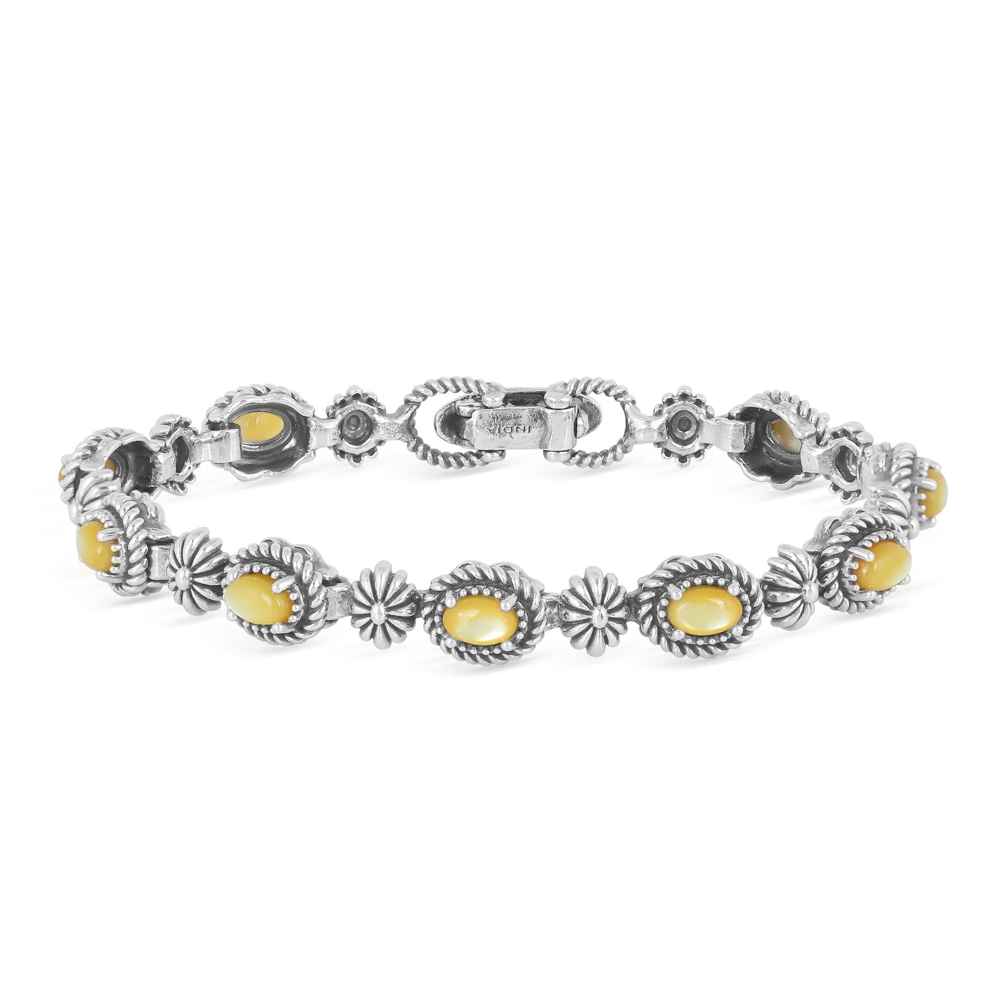 Sterling Silver Oval Yellow Mother of Pearl Tennis Bracelet