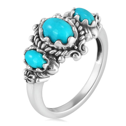 Sterling Silver Sleeping Beauty Turquoise 3-Stone Oval Scalloped Bezel Ring, Sizes 5 to 10