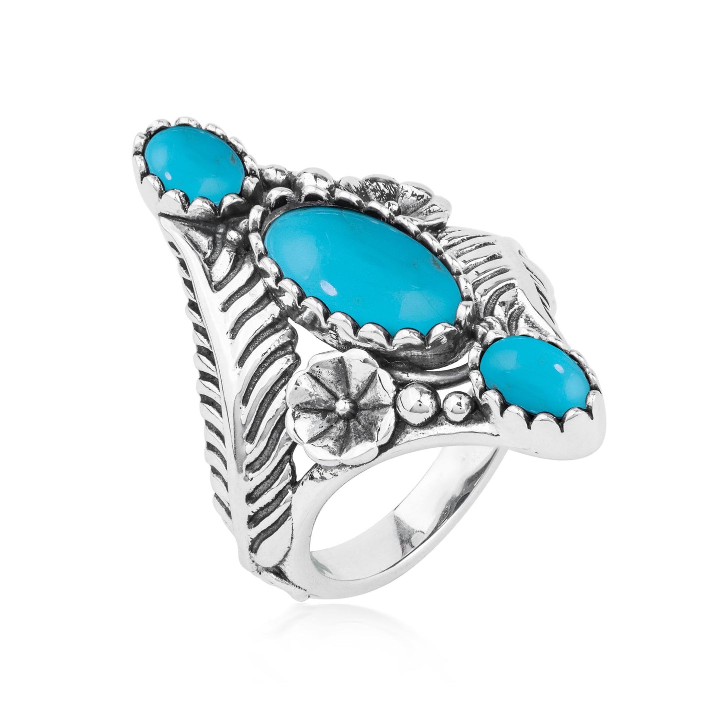 Sterling Silver Kingman Turquoise Oval Leaf and Vine Ring