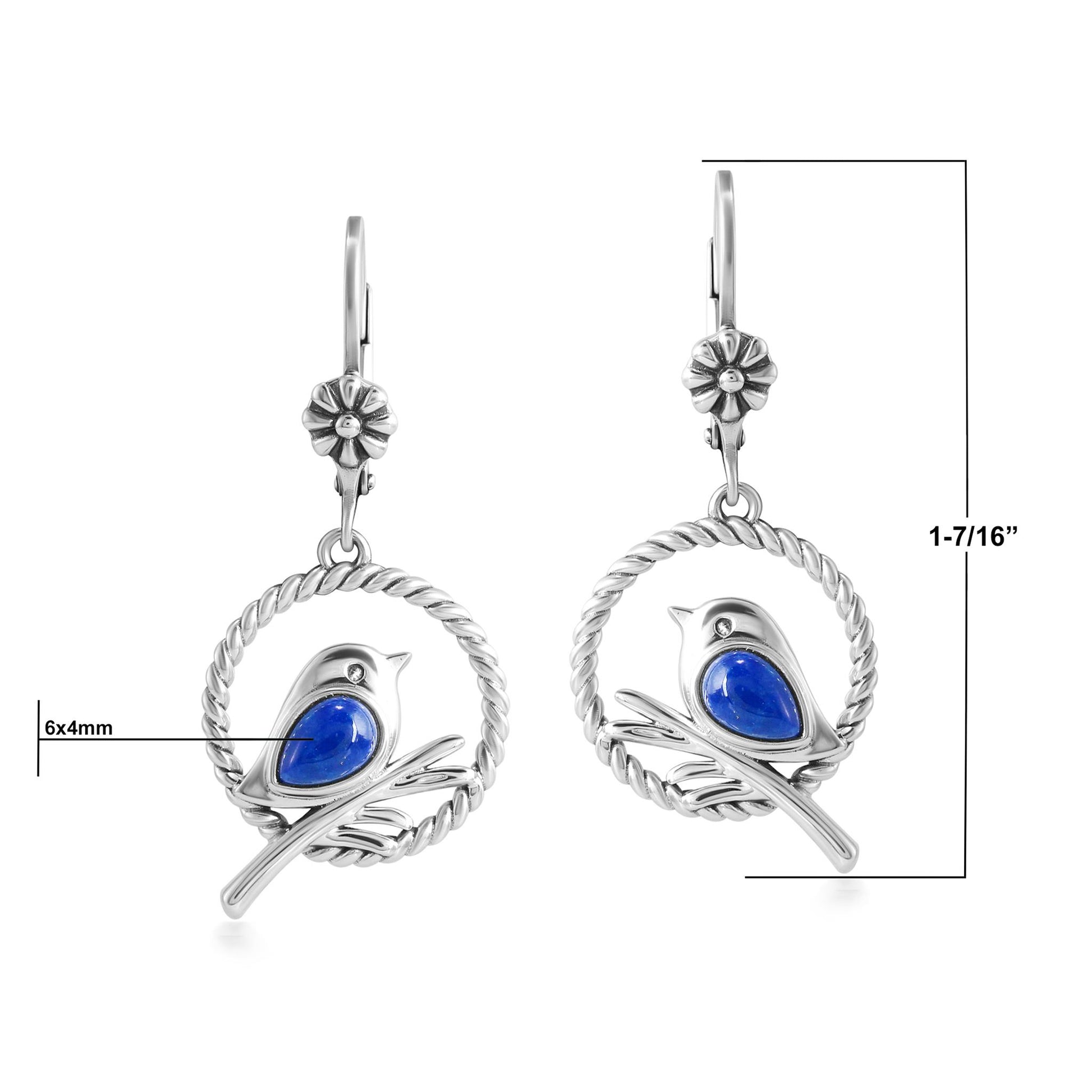 EXCLUSIVELY OURS! Sterling Silver Lapis Bird and Branch Open Circle Dangle Earrings