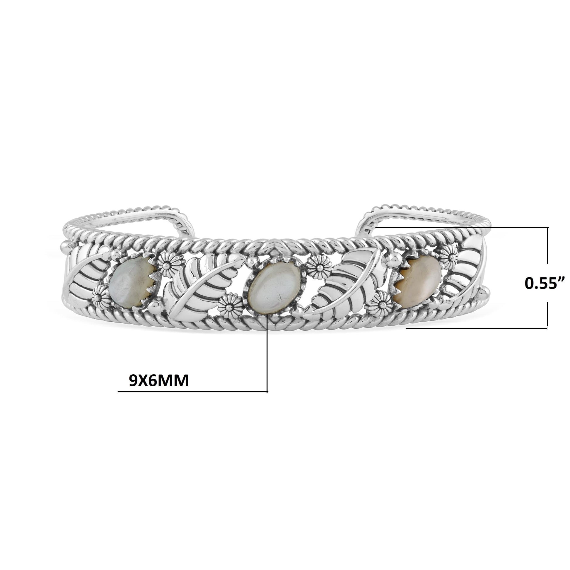  Sterling Silver White Mother of Pearl Oval and Pear Leaf Cuff Bracelet