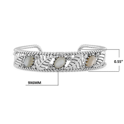  Sterling Silver White Mother of Pearl Oval and Pear Leaf Cuff Bracelet