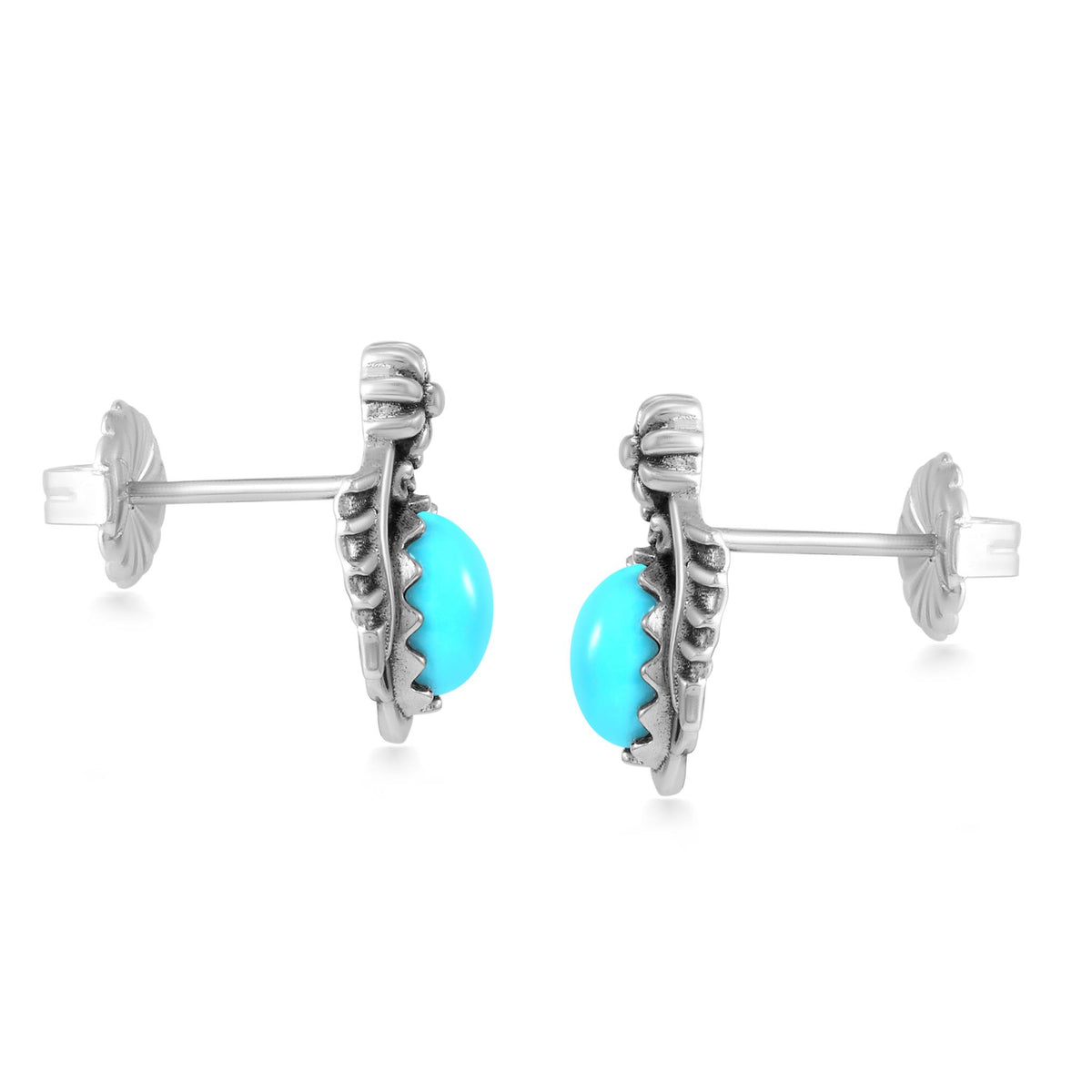 Sterling Silver Sleeping Beauty Turquoise Oval Concha and Leaf Stud Earrings