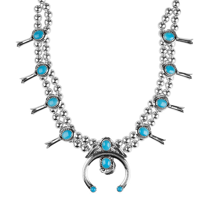 Sterling Silver Blue Turquoise Squash Blossom Statement Necklace 21 to 24 Inch