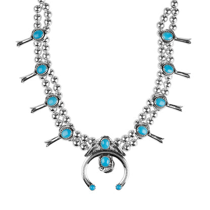 Sterling Silver Sleeping Beauty Turquoise Squash Blossom Statement Necklace 21 to 24 Inch