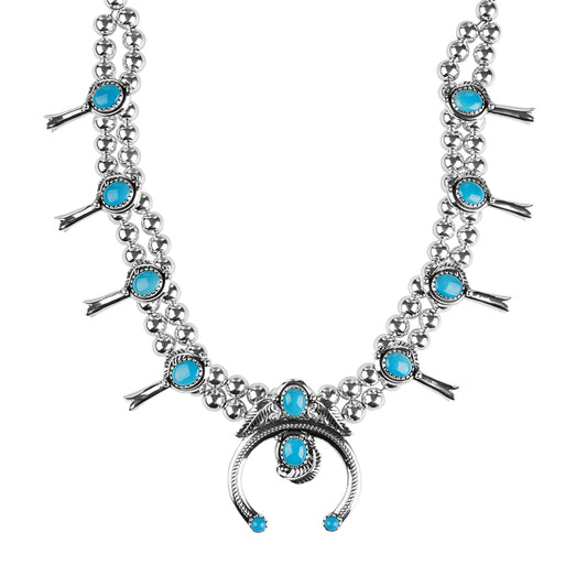 Sterling Silver Blue Turquoise Squash Blossom Statement Necklace 21 to 24 Inch