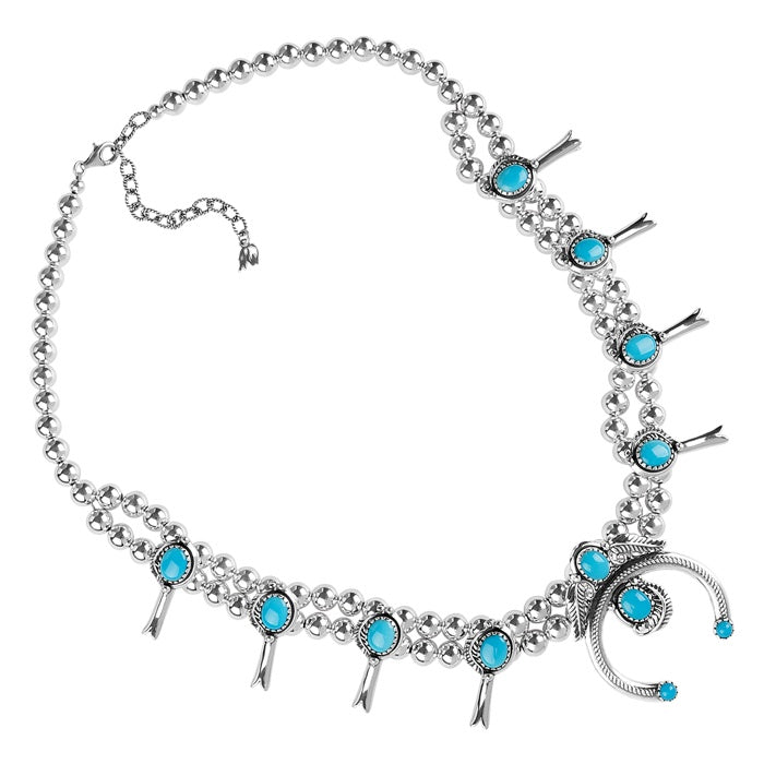 Sterling Silver Blue Turquoise Squash Blossom Squash Blossom Necklace, 21 to 24 Inches
