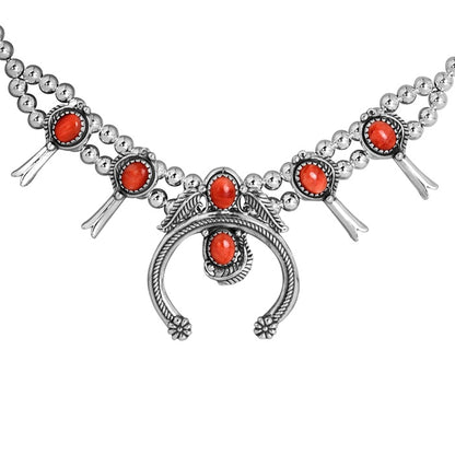 Sterling Silver Red Spiny Gemstone Squash Blossom Naja Necklace 16 to 19 Inch