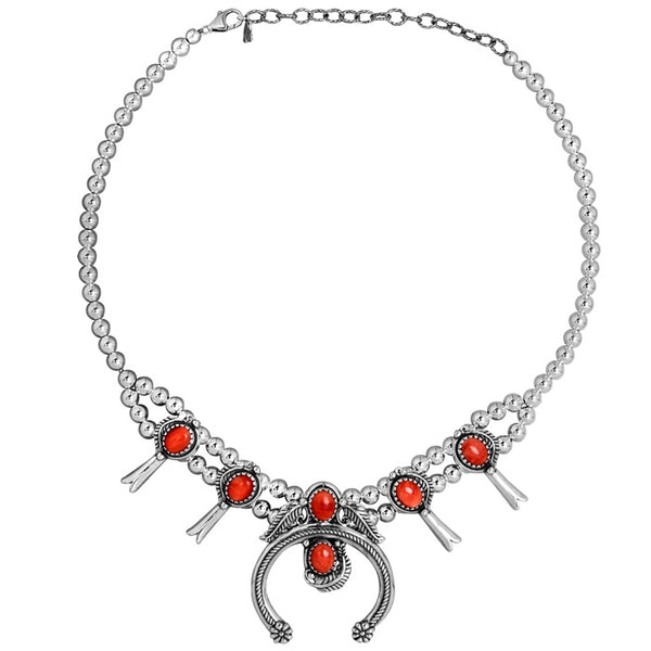 Sterling Silver Red Spiny Oyster Squash Blossom Naja Necklace, 17