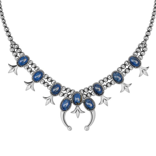 Sterling Silver Blue Denim Lapis Gemstone Squash Blossom Naja Necklace 18 to 21 Inch