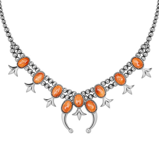 Sterling Silver Orange Spiny Oyster Squash Blossom Station Naja Necklace 18 to 21 Inch