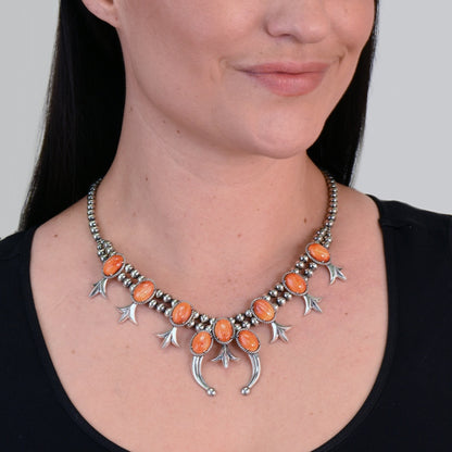 Sterling Silver Orange Spiny Oyster Squash Blossom Station Naja Necklace 18 to 21 Inch