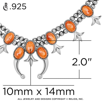 Sterling Silver Orange Spiny Oyster Squash Blossom Station Naja Necklace 18 to 21 Inch