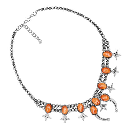 Sterling Silver Orange Spiny Oyster Squash Blossom Station Naja Necklace 18 to 21 Inch