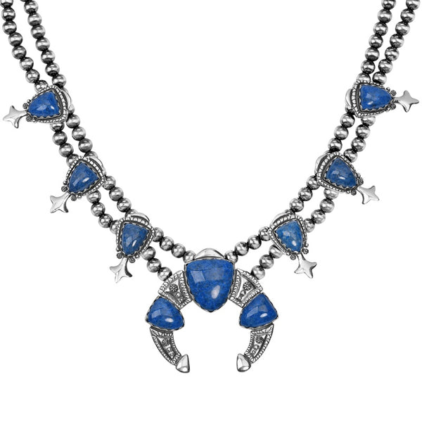 Sterling Silver Denim Lapis Gemstone Squash Blossom Necklace