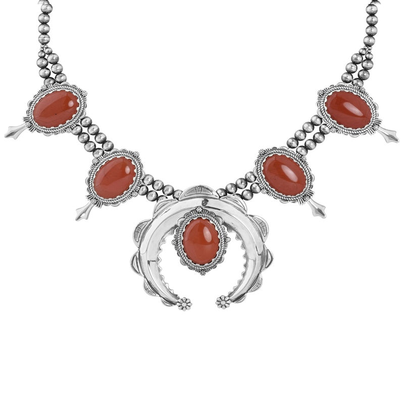 Sterling Silver Red Jasper Gemstone Naja Squash Blossom Necklace 17 to 20 Inch