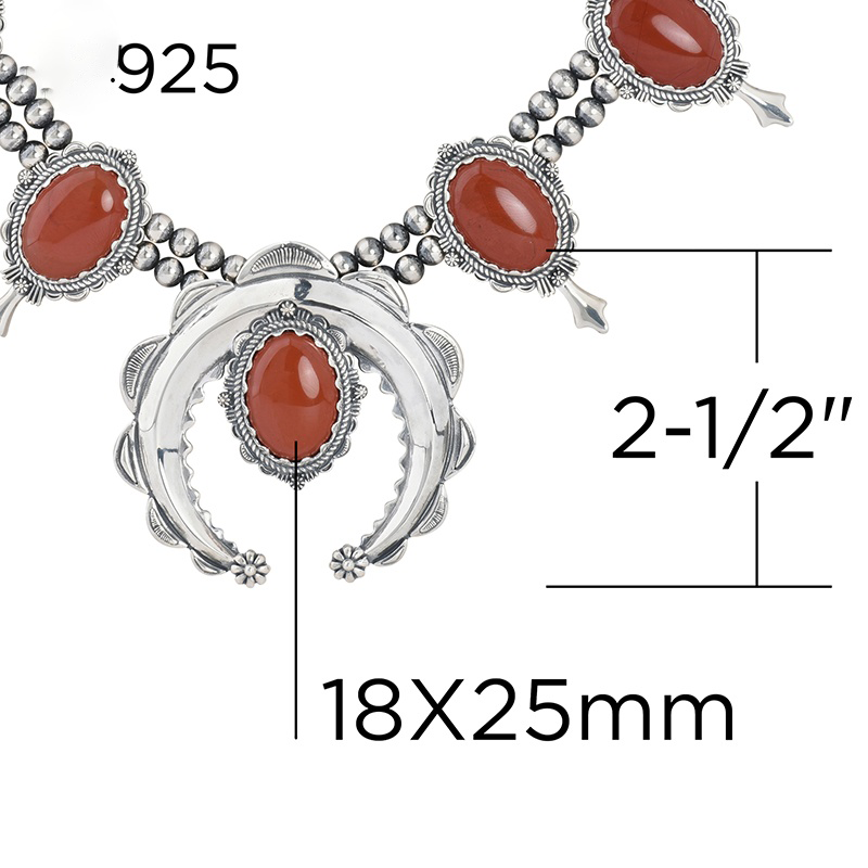 Sterling Silver Red Jasper Squash Blossom Naja Necklace, 17 to 20 Inches