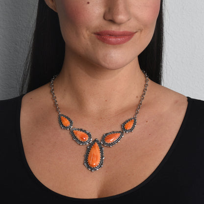 Sterling Silver Orange Spiny Pear Shaped Gemstone Statement Necklace 20 Inch