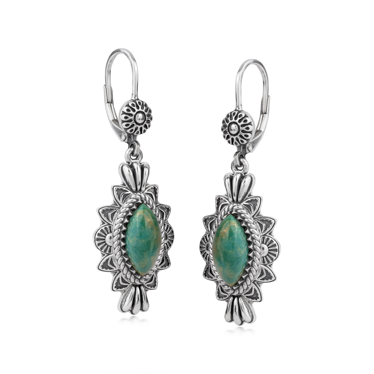 Sterling Silver Green Turquoise Marquise Cut Lever Back Earrings