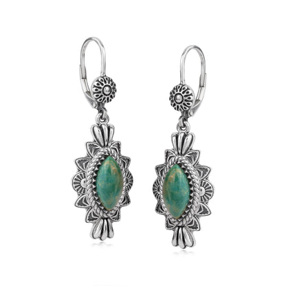 Sterling Silver Green Turquoise Marquise Cut Lever Back Earrings
