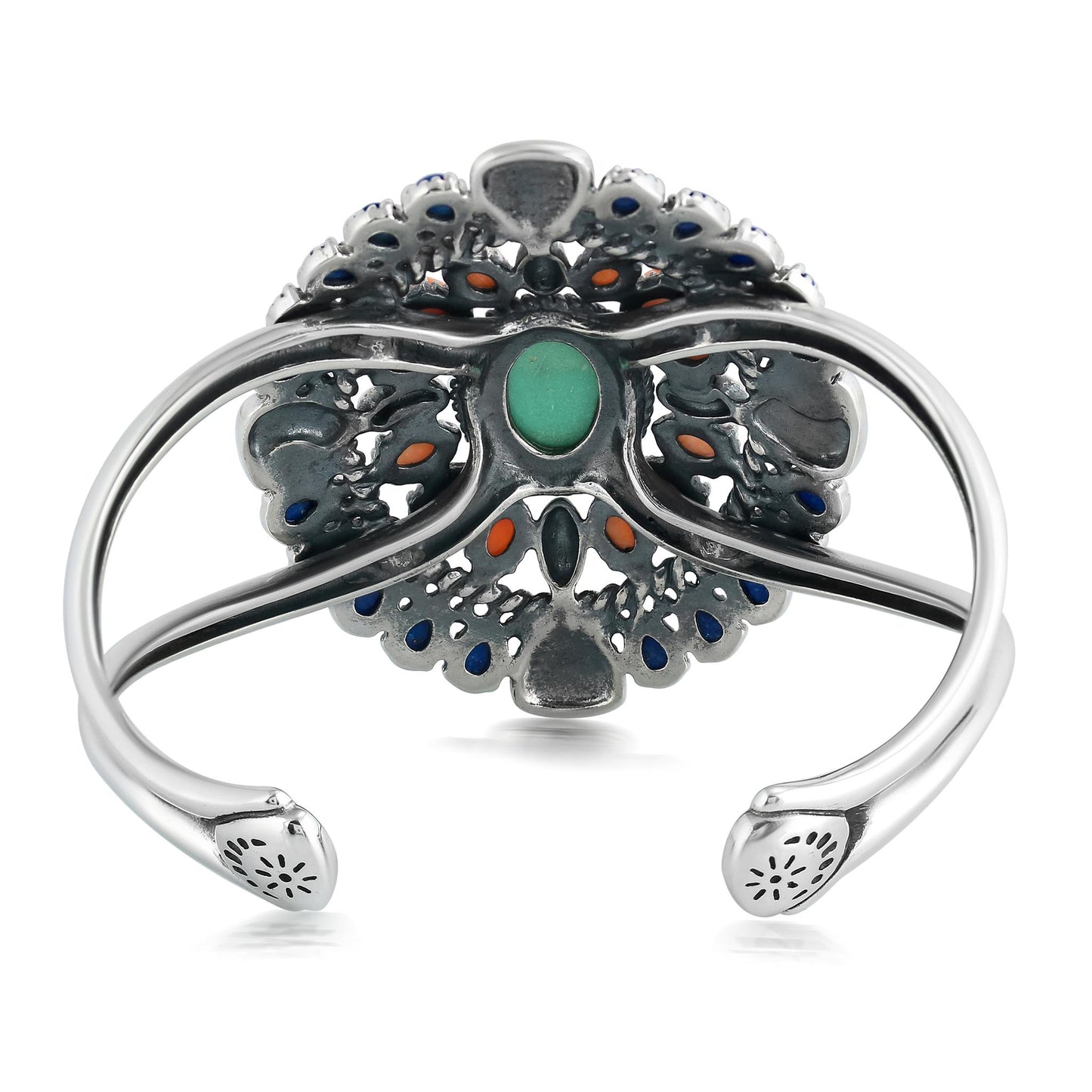 Sterling Silver Green Turquoise, Lapis and Orange Spiny Oyster Floral Cluster Cuff Bracelet