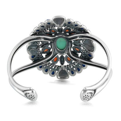 Sterling Silver Green Turquoise, Lapis and Orange Spiny Oyster Floral Cluster Cuff Bracelet