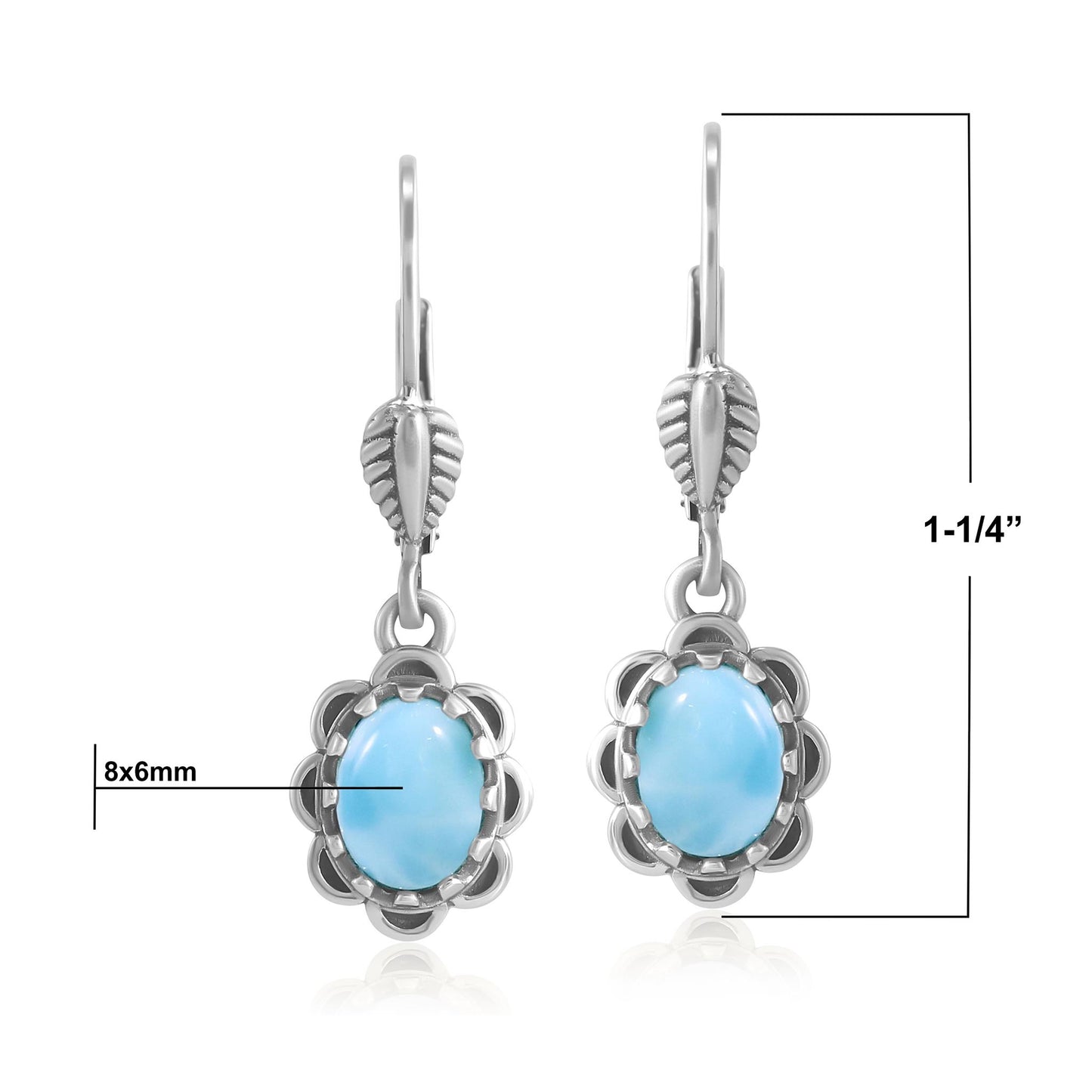 Sterling Silver Larimar Concha Lever Back Dangle Earrings