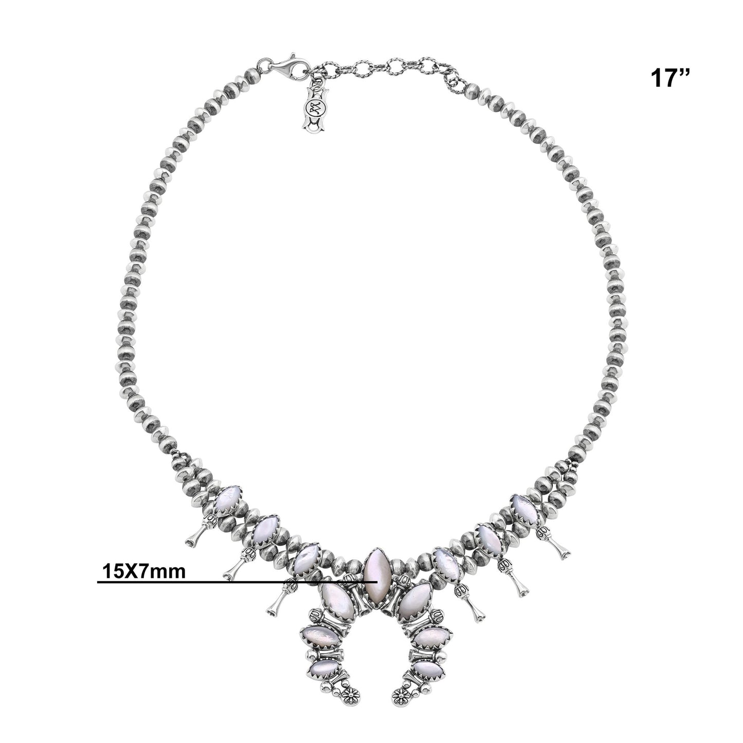  Sterling Silver White Mother of Pearl Marquise-Cut Squash Blossom Necklace 