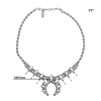  Sterling Silver White Mother of Pearl Marquise-Cut Squash Blossom Necklace 