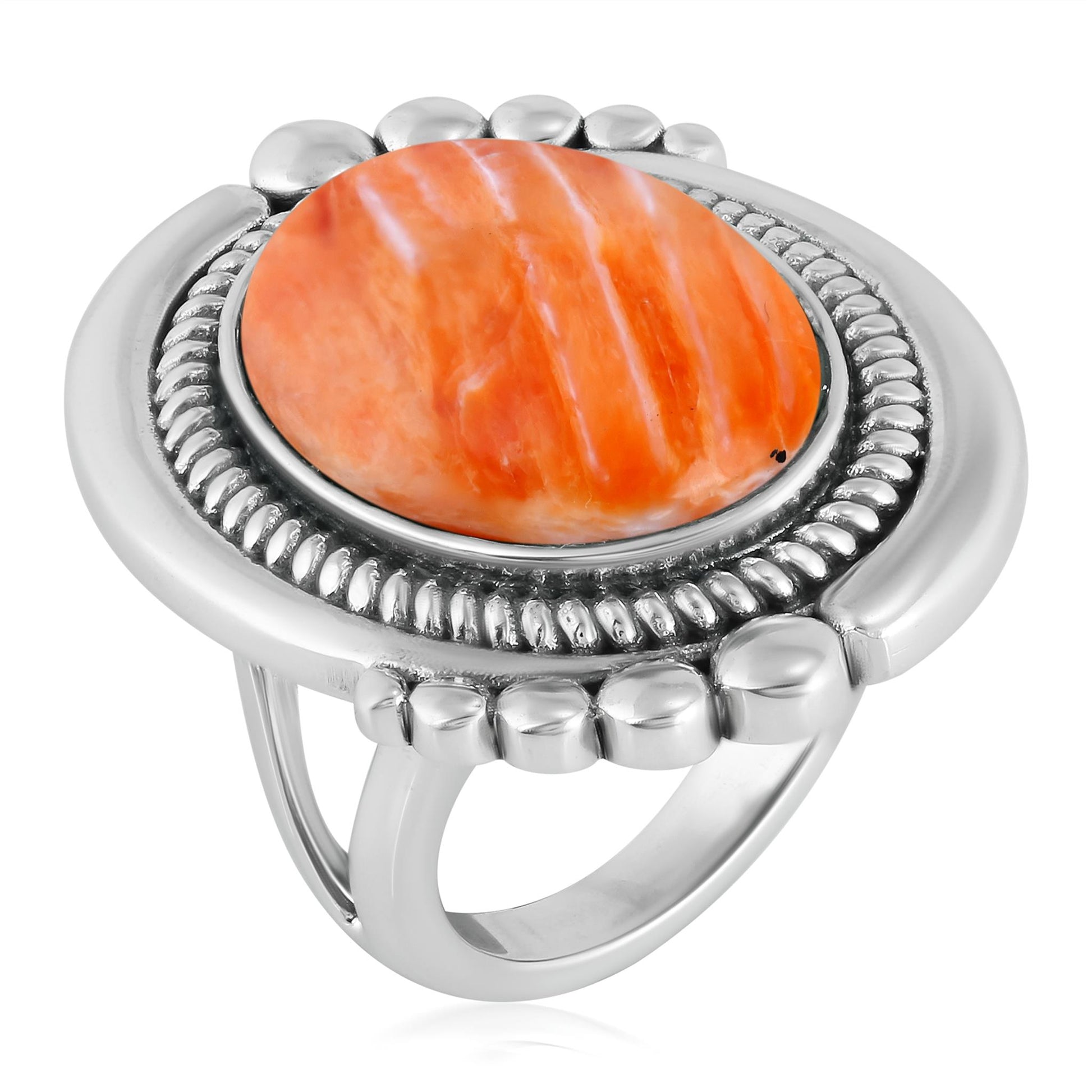 Sterling Silver Orange Spiny Oyster Oval Beaded Ring