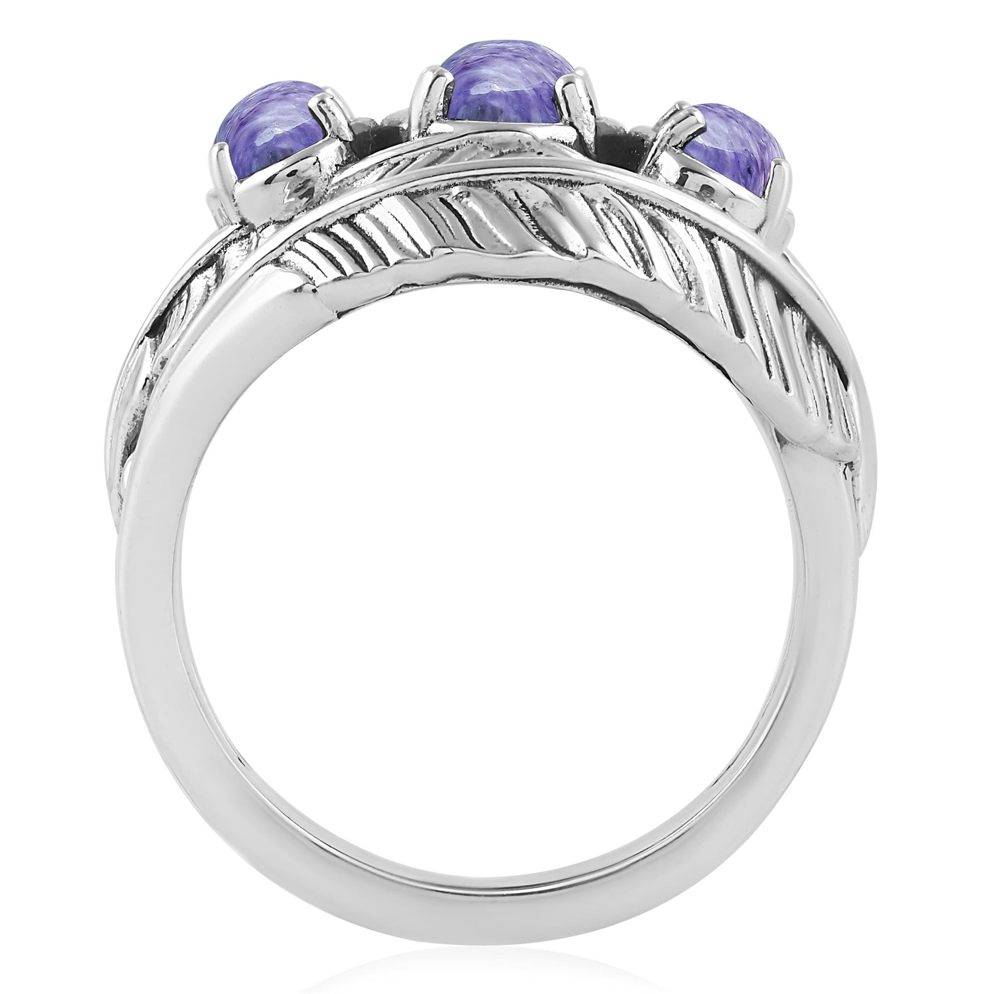 Sterling Silver Charoite Three-Stone Oval Cut Feather Ring