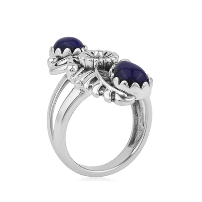 Sterling Silver Lapis Pear-Cut Leaf and Flower Ring, Sizes 5 to 10