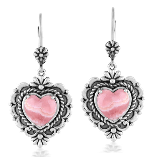 Sterling Silver Rhodochrosite Heart Lever Back Earrings