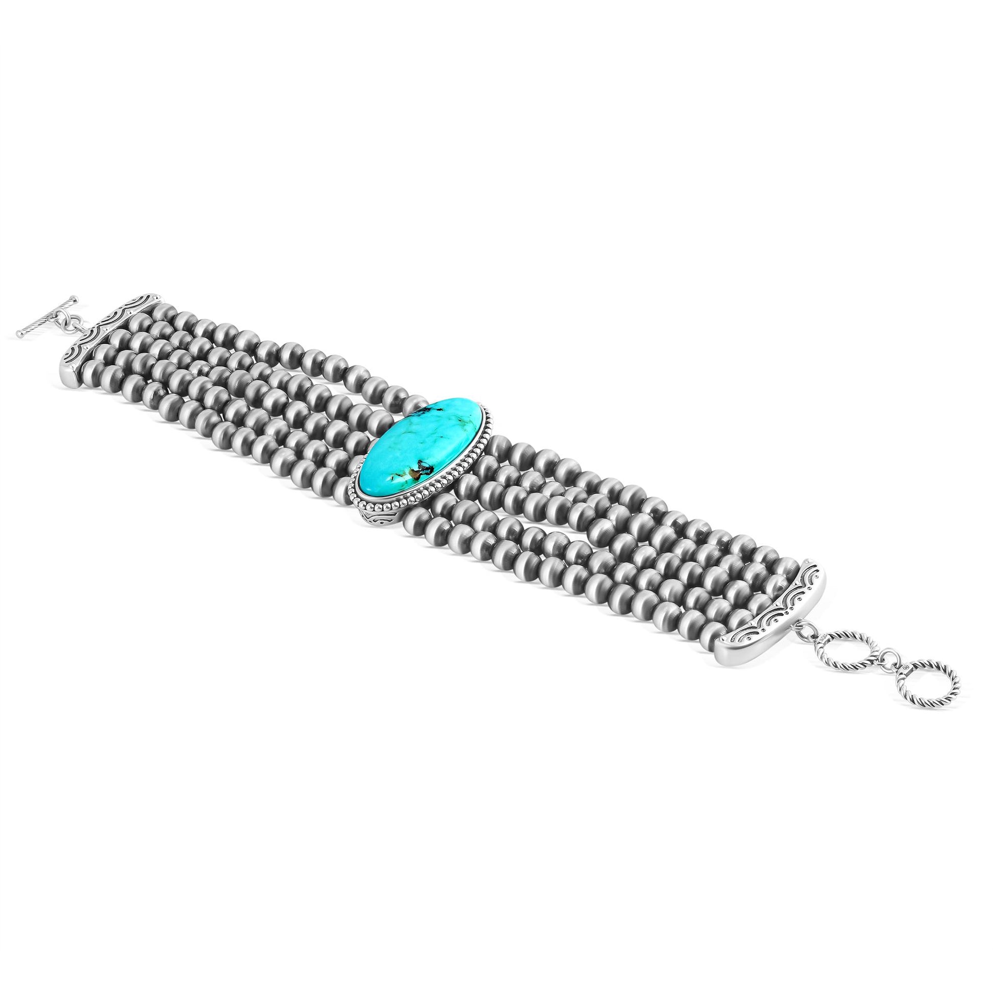 Sterling Silver Kingman Turquoise Oval Cut Triple Bead Toggle Bracelet, Sizes Small to Large